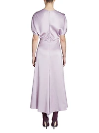 Satin V-Neck Ruffled Midi-Dress