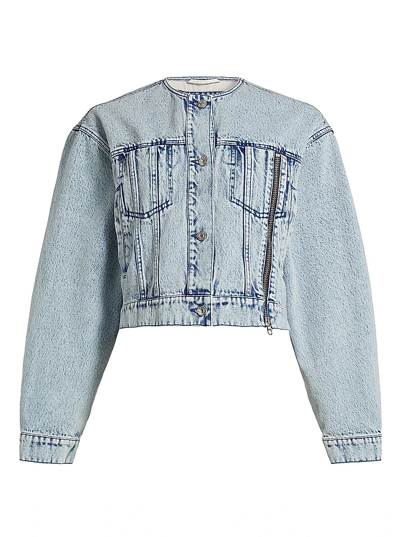 Collarless Cropped Denim Jacket