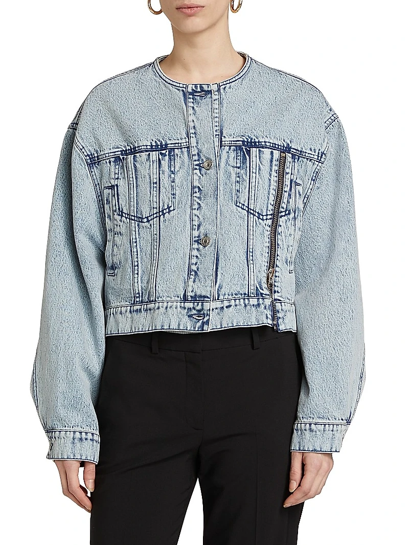 Collarless Cropped Denim Jacket