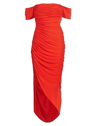 Delaney Off-the-Shoulder Ruched Midi-Dress