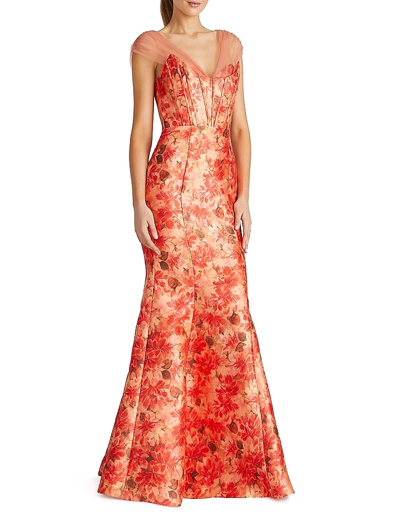 Lowen Floral Mikado Satin Mermaid Gown