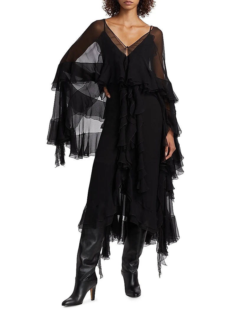 Ruffled Silk Chiffon Maxi Dress