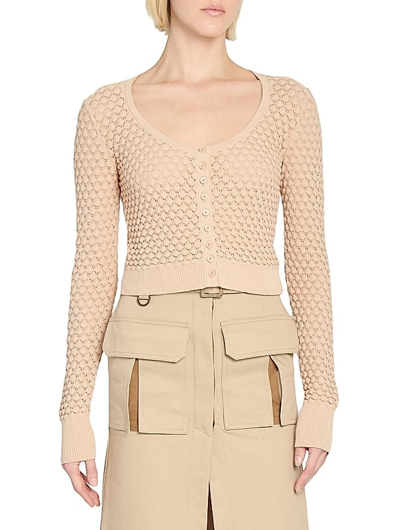 Cotton Pointelle Knit Scoopneck Cardigan