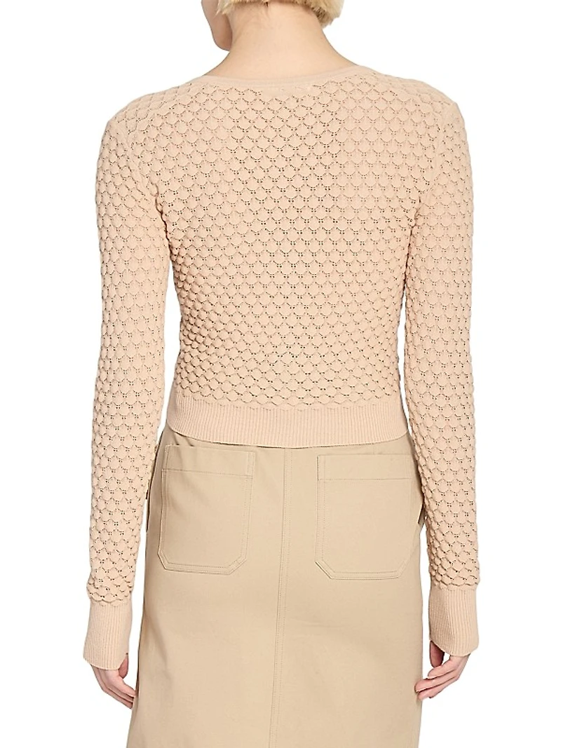 Cotton Pointelle Knit Scoopneck Cardigan