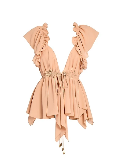 Silk Ruffled Plunging V-Neck Top