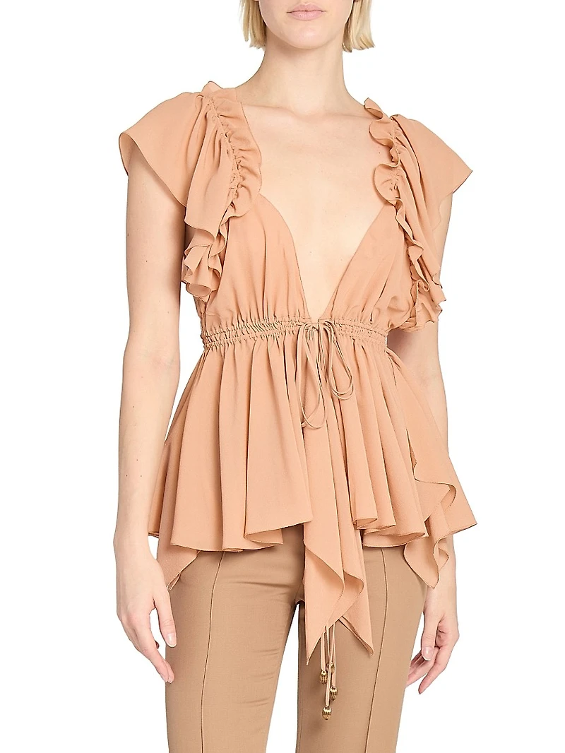 Silk Ruffled Plunging V-Neck Top