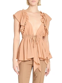 Silk Ruffled Plunging V-Neck Top