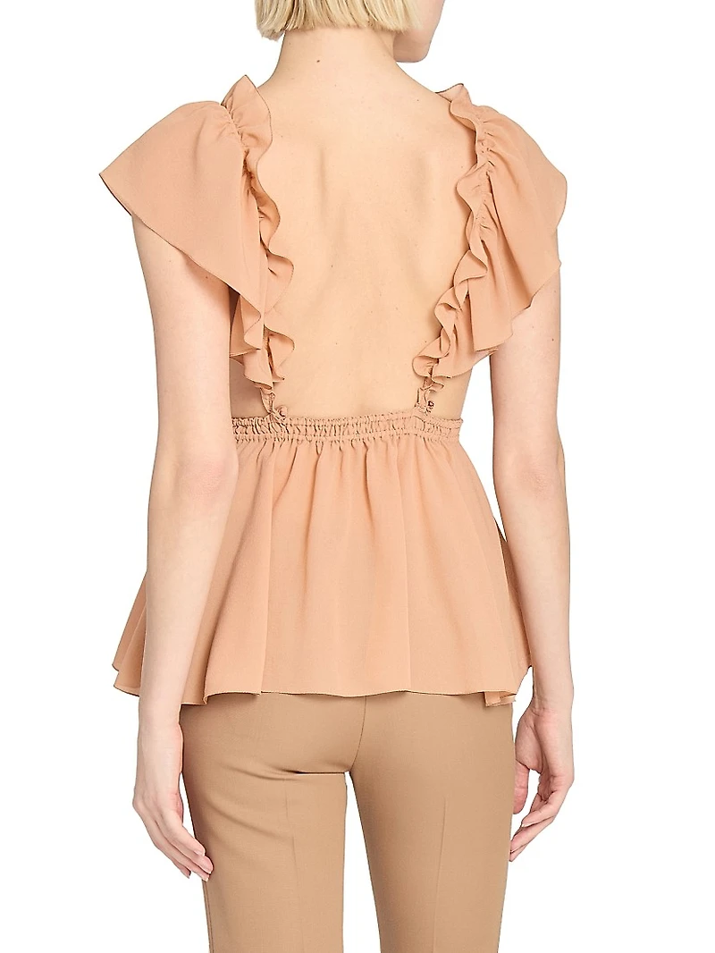 Silk Ruffled Plunging V-Neck Top