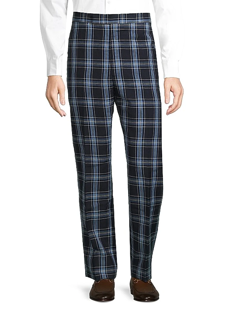 Plaid Wool & Linen-Blend Backstrap Suit Pants