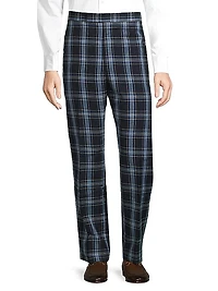 Plaid Wool & Linen-Blend Backstrap Suit Pants