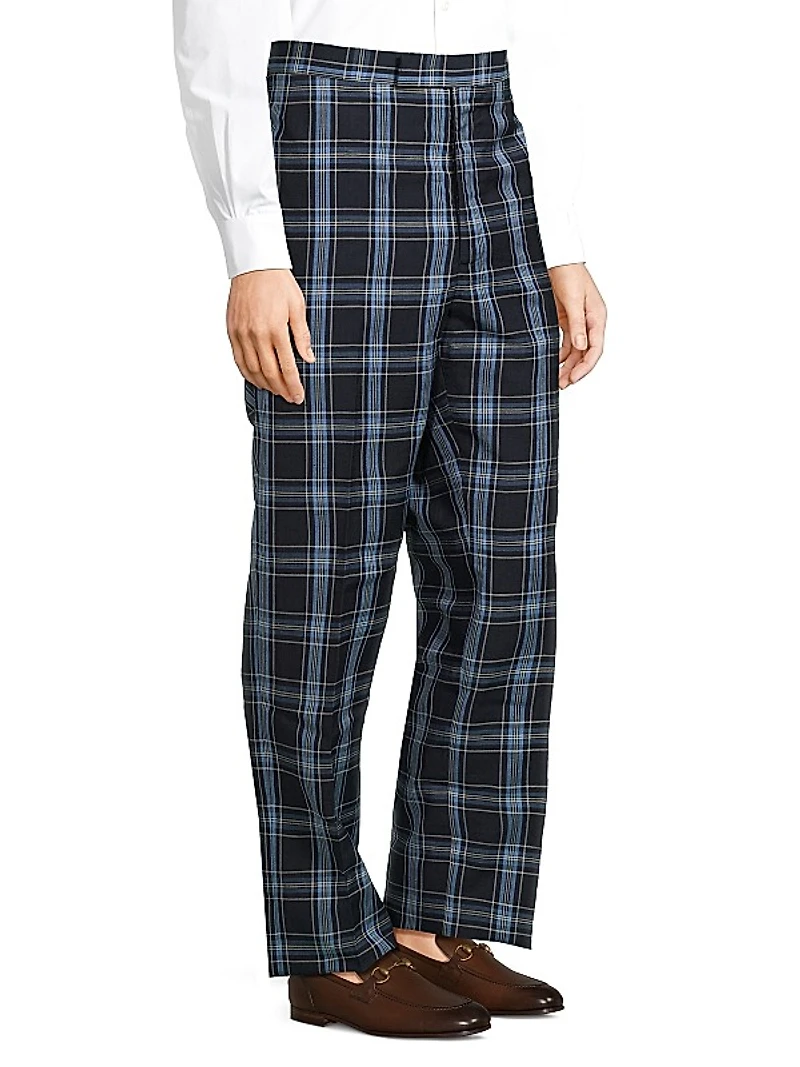 Plaid Wool & Linen-Blend Backstrap Suit Pants