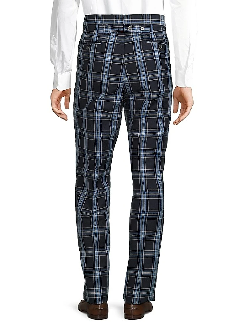 Plaid Wool & Linen-Blend Backstrap Suit Pants