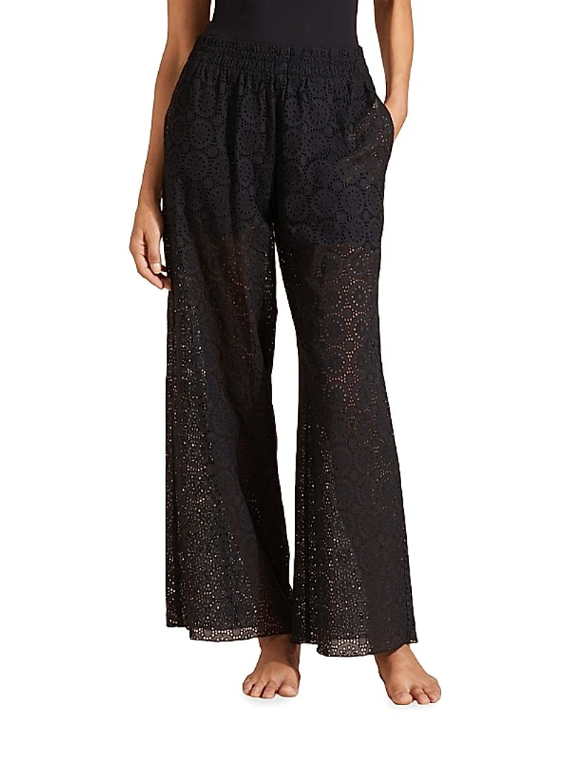 Broderie Anglaise Cotton Wide-Leg Trousers