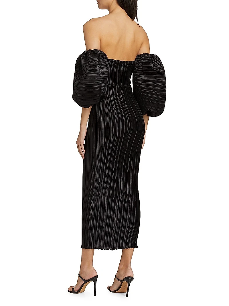 Sirene Plissé Puff-Sleeve Maxi Dress