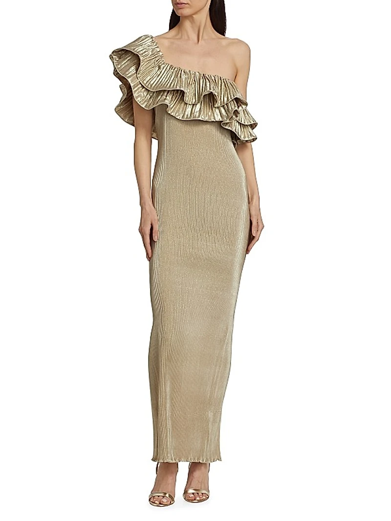 Metallic Ruffled One-Shoulder Maxi Dress