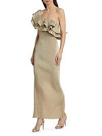 Metallic Ruffled One-Shoulder Maxi Dress