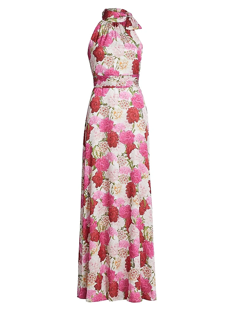 Kayla Floral Crinkled Chiffon Halter Gown