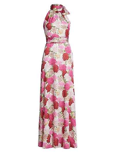 Kayla Floral Crinkled Chiffon Halter Gown