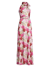 Kayla Floral Crinkled Chiffon Halter Gown