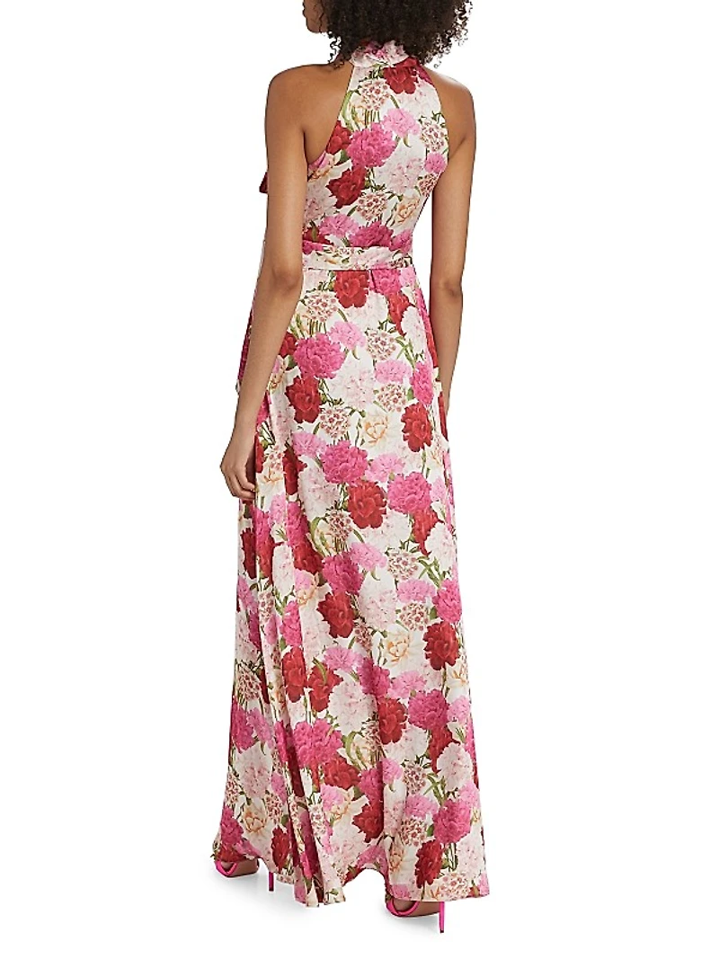 Kayla Floral Crinkled Chiffon Halter Gown