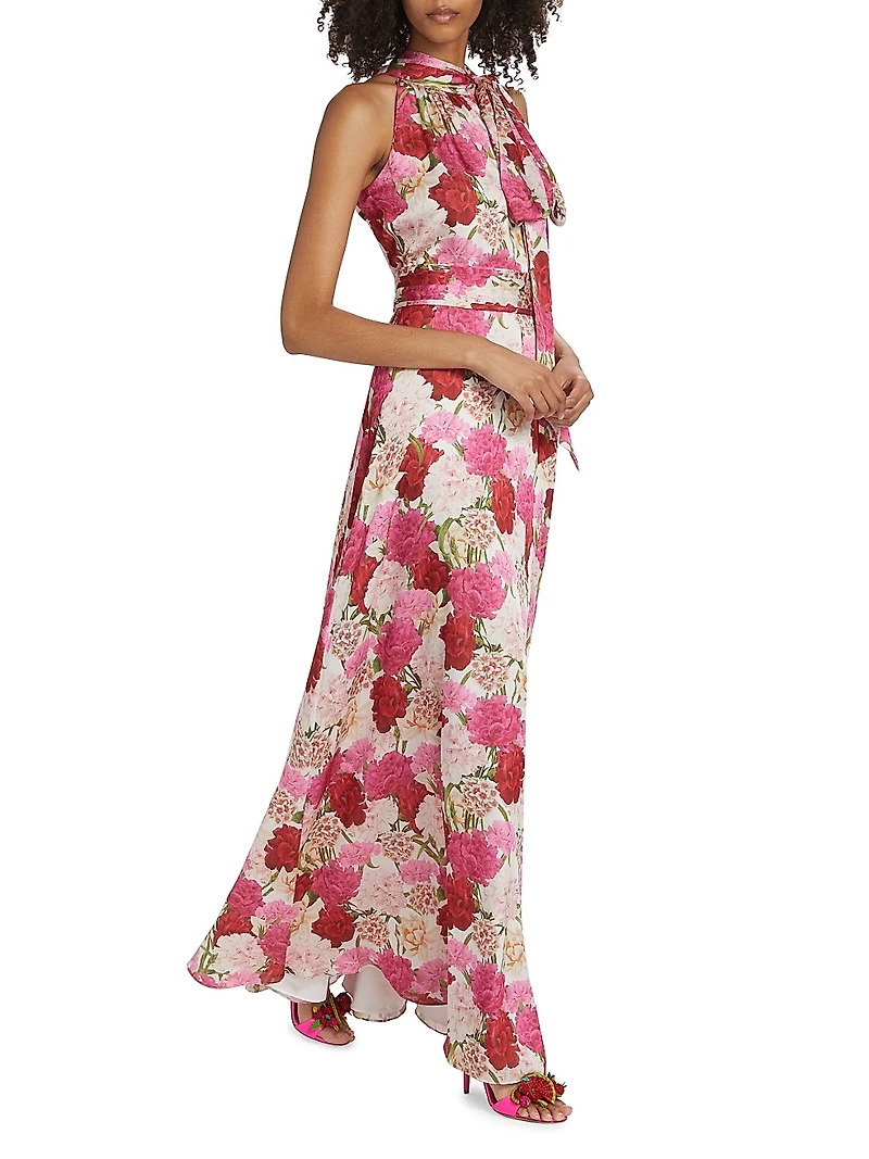 Kayla Floral Crinkled Chiffon Halter Gown