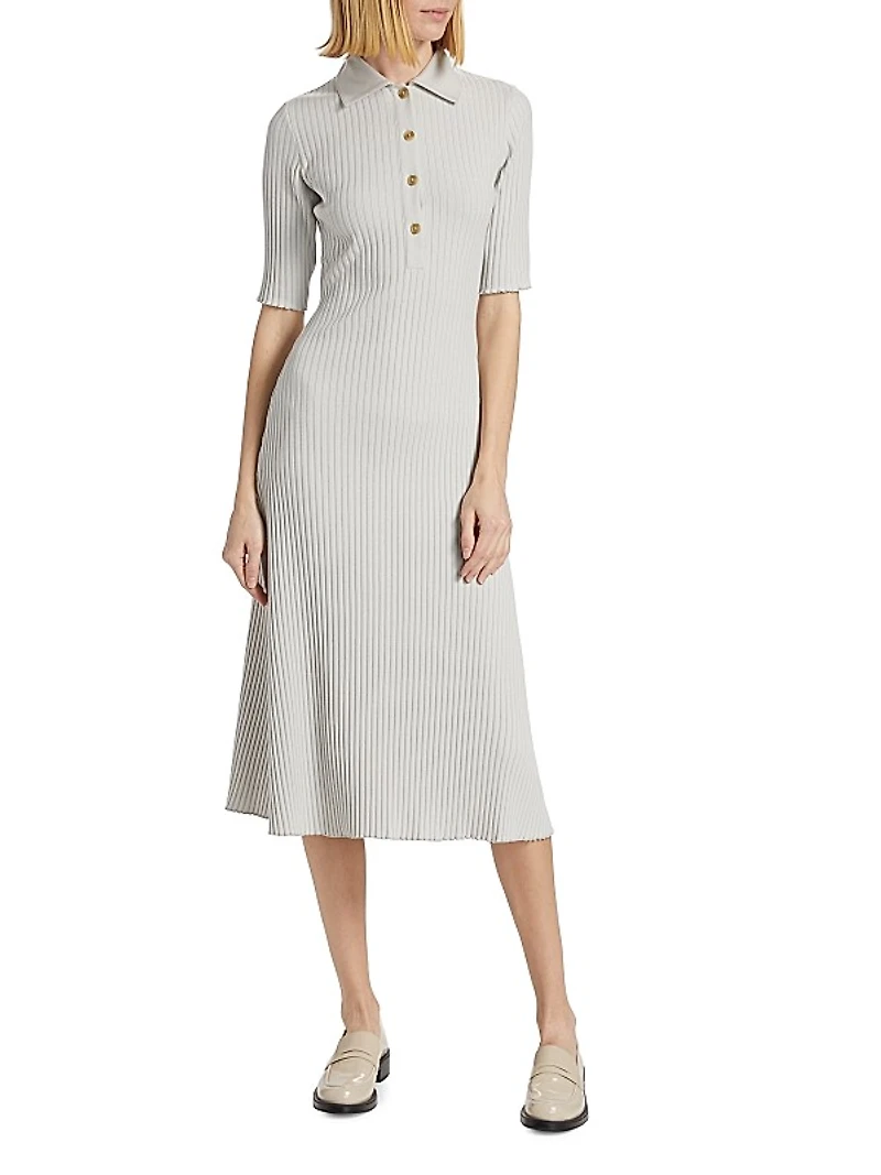 Rib-Knit Polo Midi-Dress
