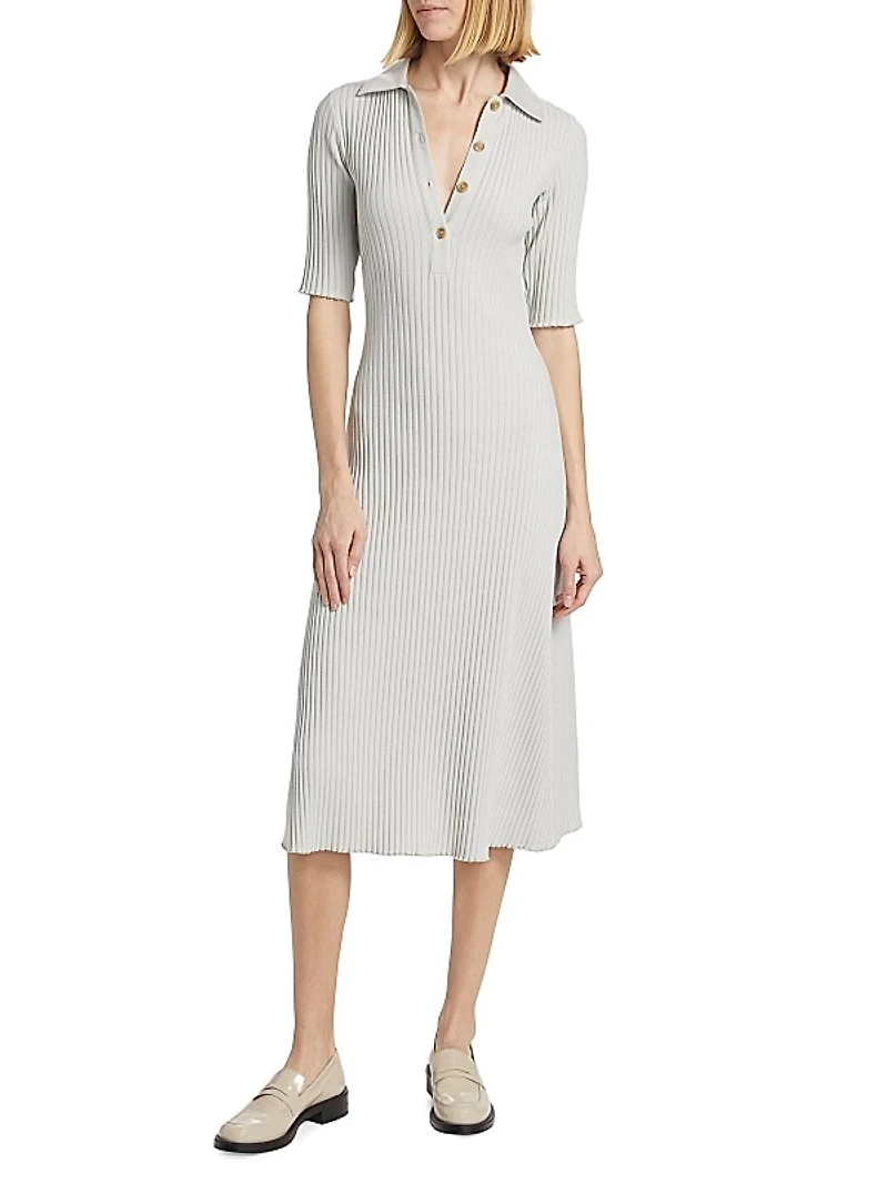 Rib-Knit Polo Midi-Dress