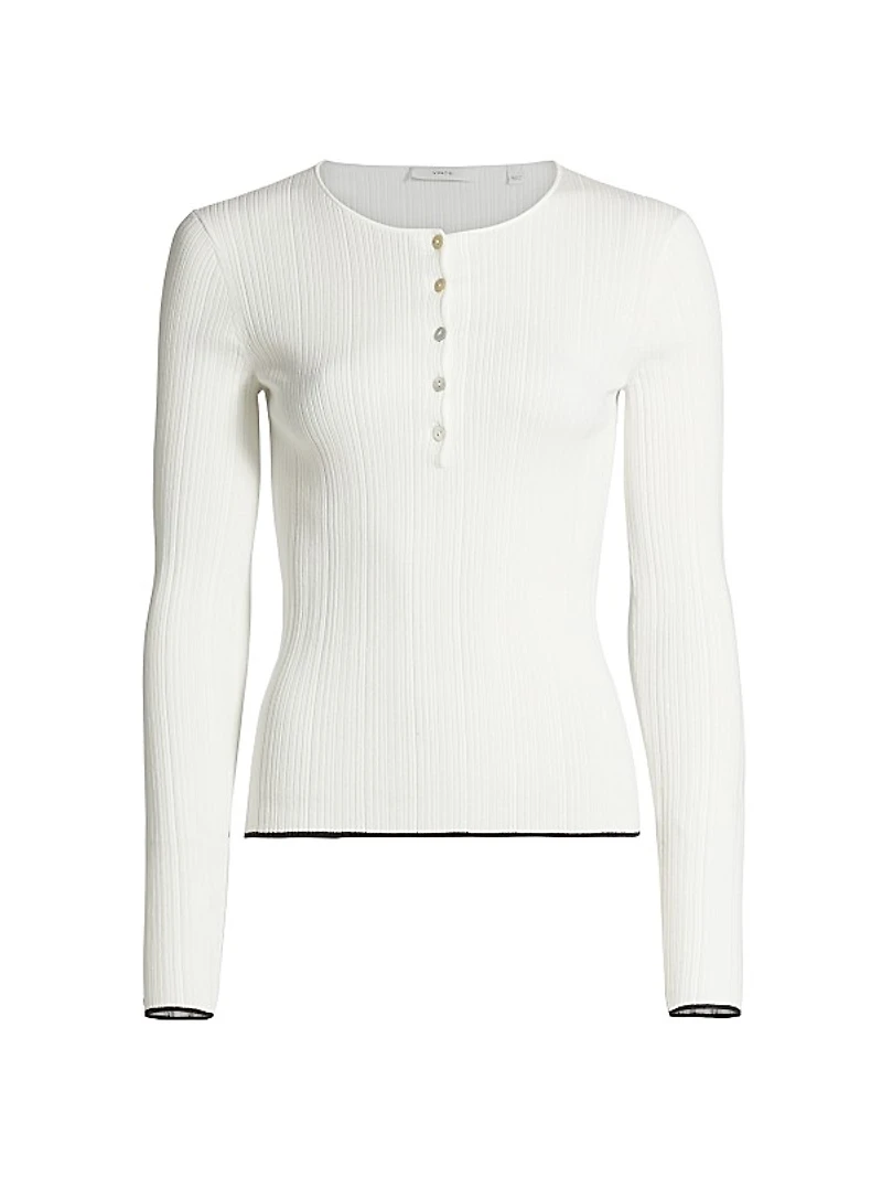 Cotton Rib-Knit Henley Blouse
