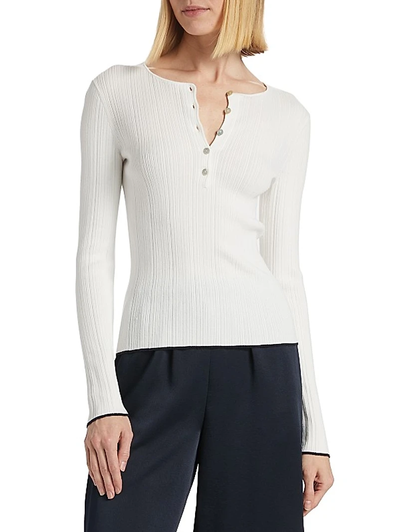 Cotton Rib-Knit Henley Blouse