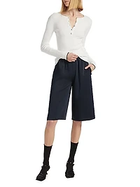 Cotton Rib-Knit Henley Blouse