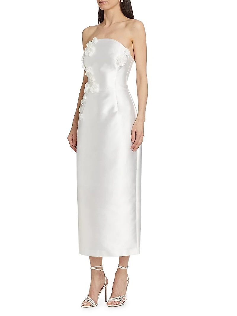 Serefina Satin Strapless Appliqué Midi-Dress