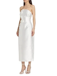 Serefina Satin Strapless Appliqué Midi-Dress