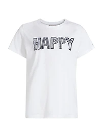 Embroidered "Happy" Cotton T-Shirt
