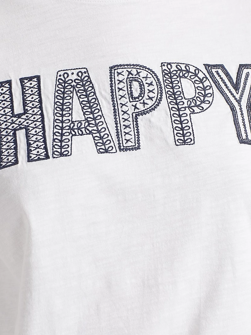 Embroidered "Happy" Cotton T-Shirt