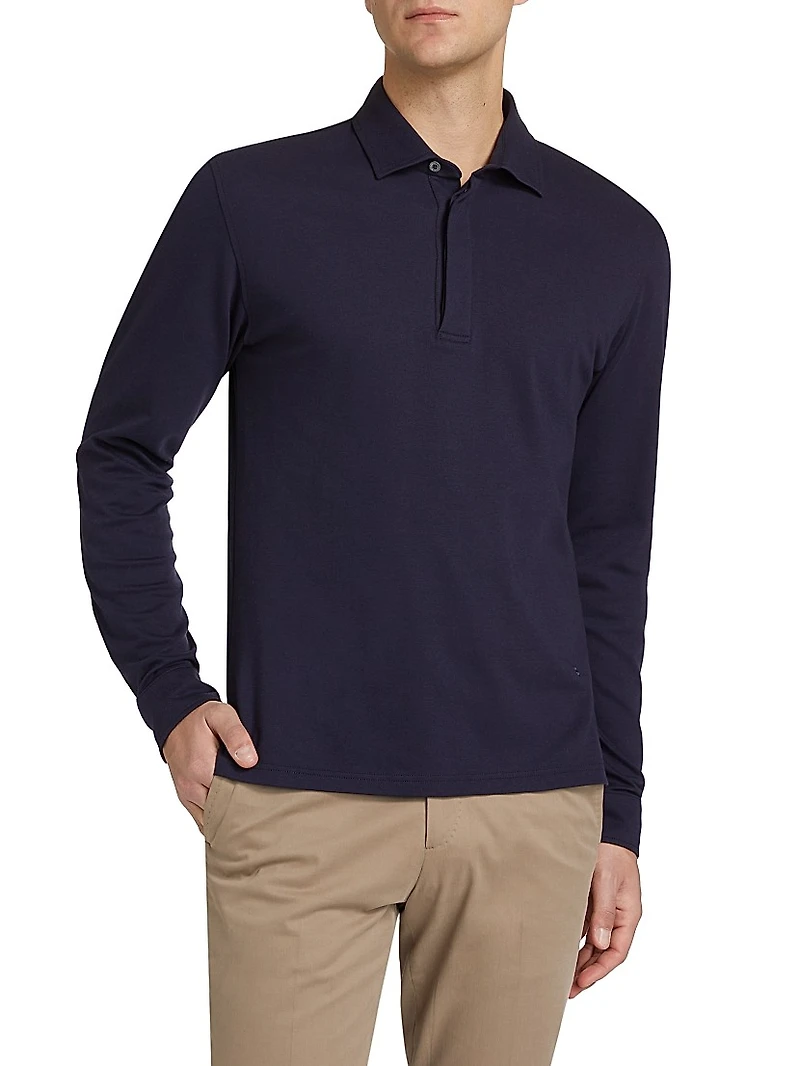 Cotton-Blend Long-Sleeve Polo Shirt