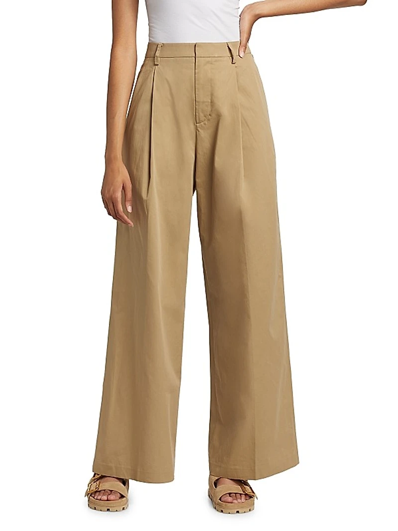 Pleated Cotton Wide-Leg Pants