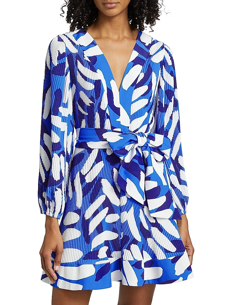 Liv Brushstroke Pleated Tie-Waist Minidress
