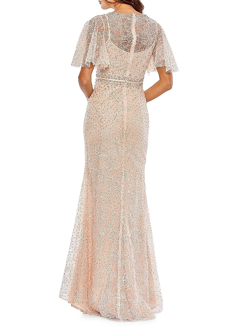 Embellished Butterfly-Sleeve Column Gown