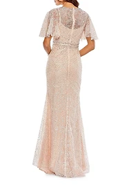 Embellished Butterfly-Sleeve Column Gown