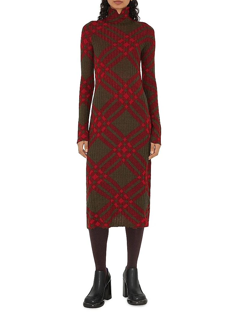 Check Turtleneck Rib-Knit Sweaterdress