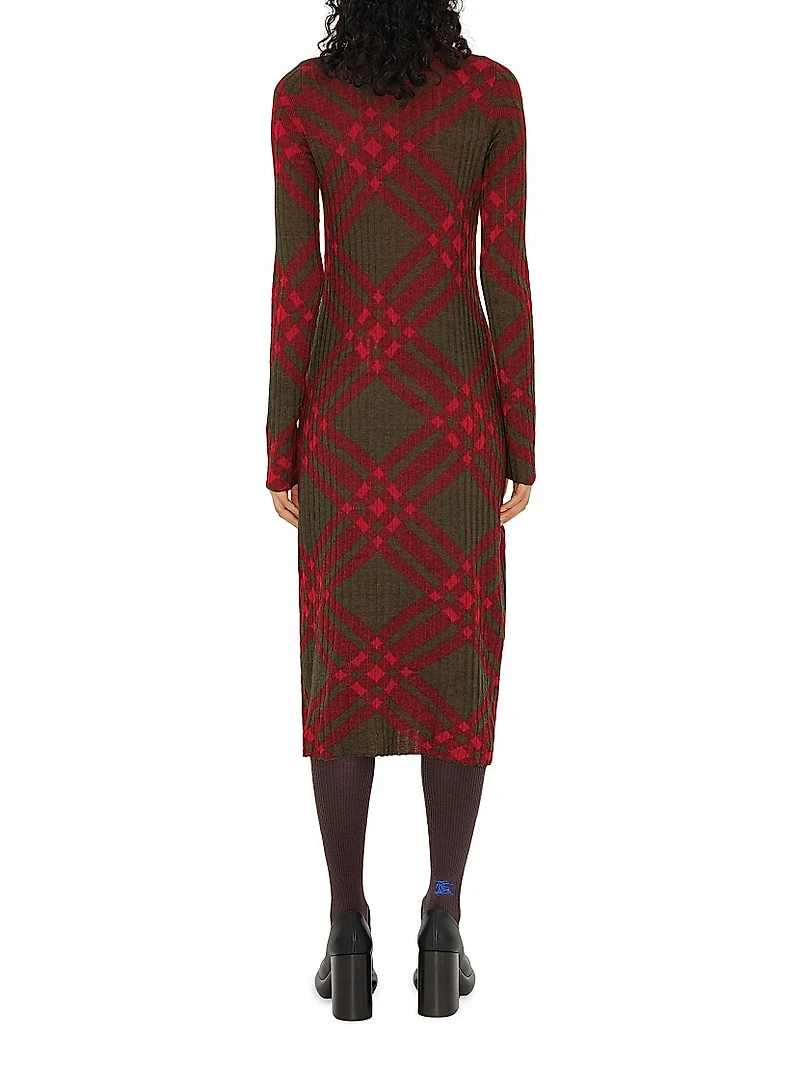 Check Turtleneck Rib-Knit Sweaterdress