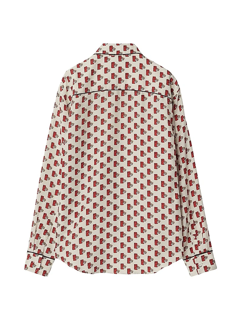 Postbox-Print Silk Long-Sleeve Blouse