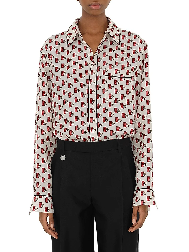 Postbox-Print Silk Long-Sleeve Blouse