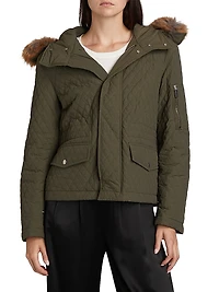 Relaxed Diamond-Quilt Faux-Fur-Trim Jacket