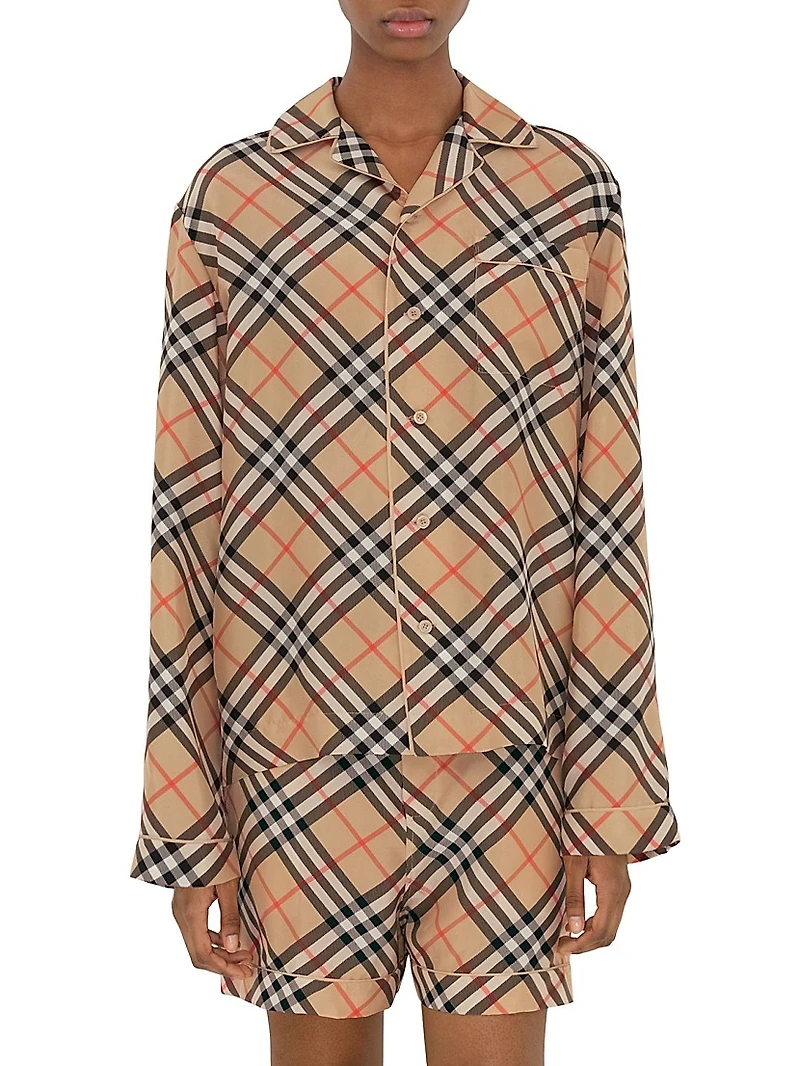 Check Silk Long-Sleeve Blouse