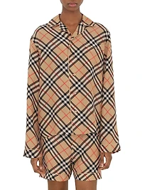 Check Silk Long-Sleeve Blouse