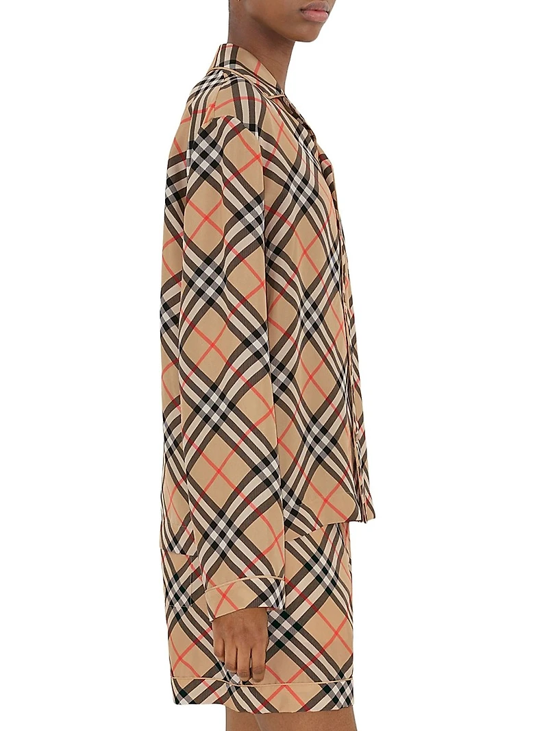 Check Silk Long-Sleeve Blouse