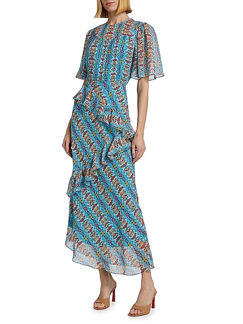 Vida Printed Silk Ruffled Maxi Dress