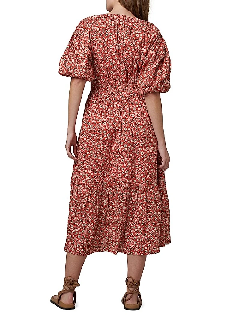 Lindsey Floral Puff-Sleeve Midi-Dress