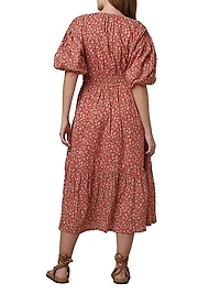 Lindsey Floral Puff-Sleeve Midi-Dress